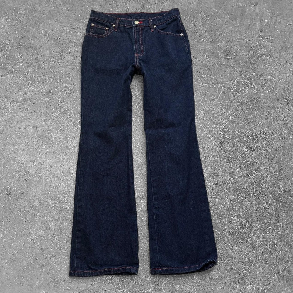 Vintage No Boundaries Dark Wash Jeans Red Contrast Stitching Size 7 Flare Y2K
